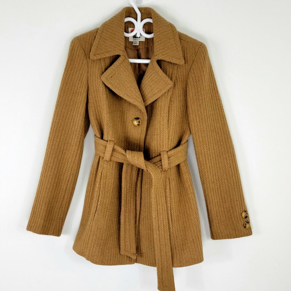 Anne Klein Wool Mustard Cable Knit Womens Winter Jacket Trench Coat Like New S